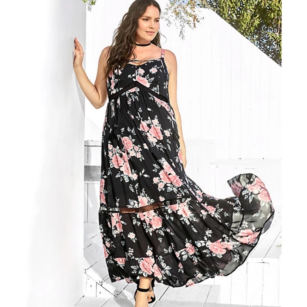 Black and Rose Tie Front Maxi Dress